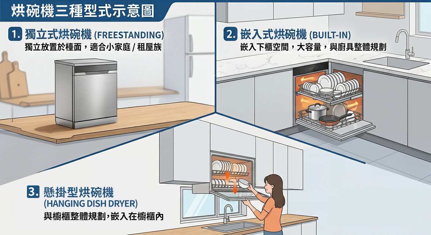 烘碗機三種型式 示意圖